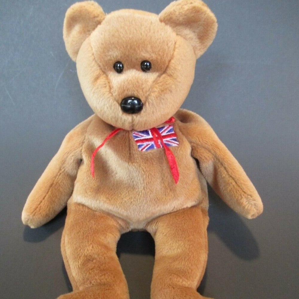 Ty 1997 BRITTANIA‎ Brown Teddy Bear UK FLAG Bean Bag STUFFED Animal Plush Toy
